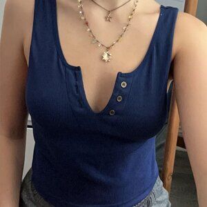 Ribbed Navy Blue, Medium Cropped Tank-top